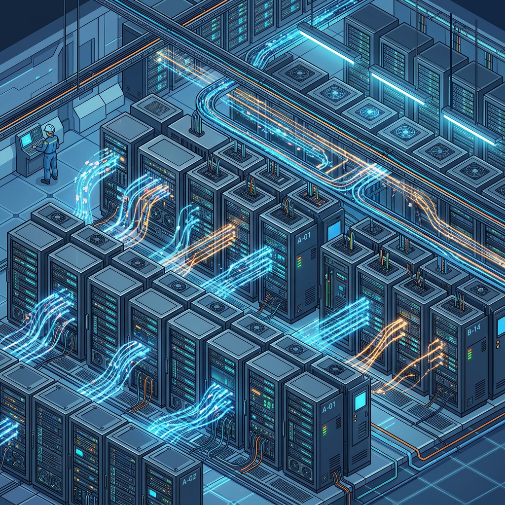 Server racks in a data center with blue and orange data flow lines and a technician operating a console