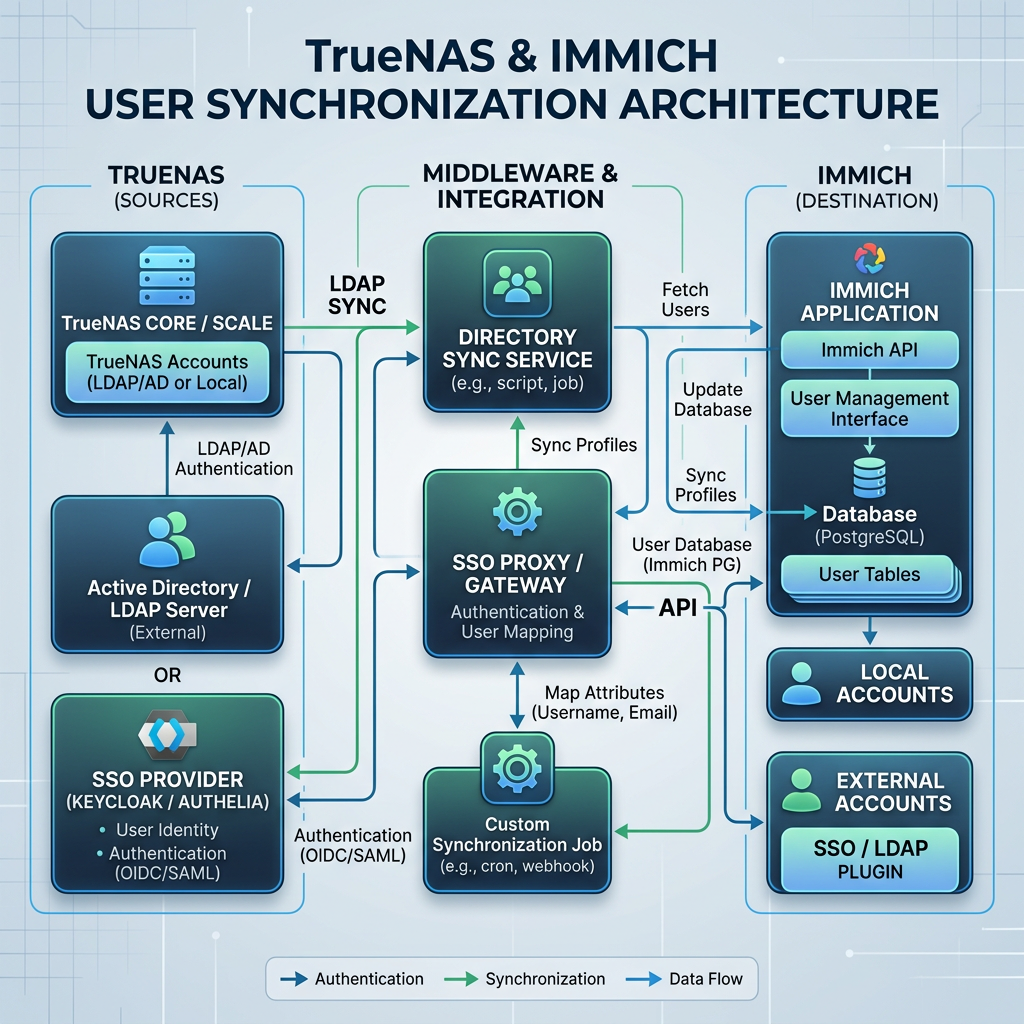 User synchronization architecture diagram showing TrueNAS Core/Scale, Active Directory/LDAP servers, SSO provider, middleware components, and Immich application with data and authentication flow.