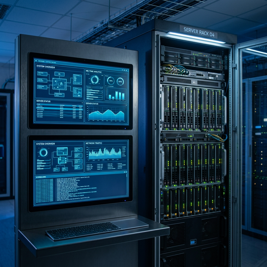 Server rack with multiple servers and two large monitors showing system overview and network traffic data