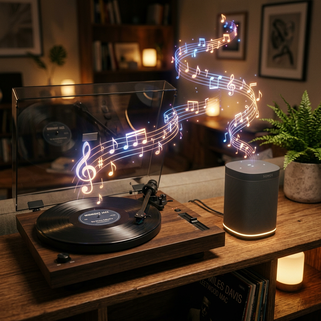 Record player with vinyl spinning and smart speaker emitting musical notes