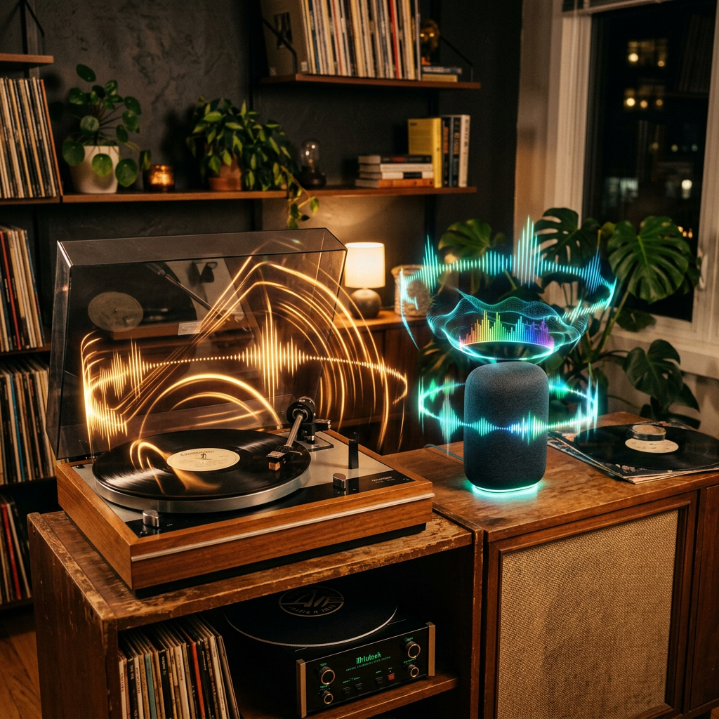 Turntable playing a vinyl record next to a smart speaker with sound wave visuals in a warm, plant-filled room
