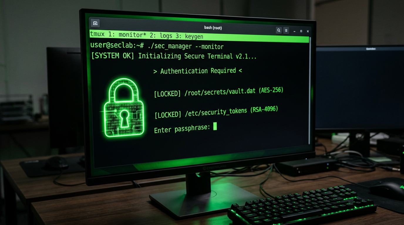 Computer terminal screen showing secure login with encrypted files locked and passphrase prompt