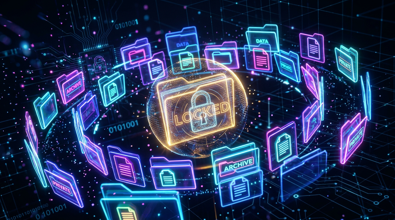 Digital folders surrounding a glowing locked folder icon with the word LOCKED