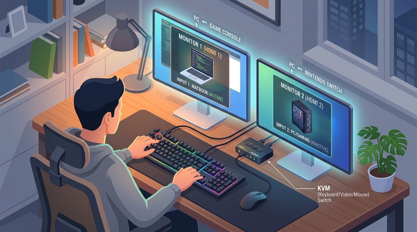 Person using a keyboard and mouse with two monitors connected to a KVM switch